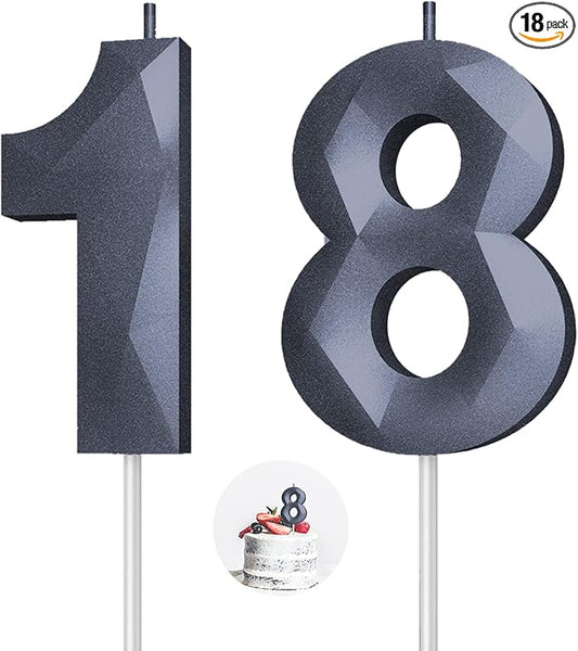 Number Birthday Candles(18 Candle Black) 3D Diamond Shape 18th Happy Birthday Cake Topper Decorations for Boy Men Birthday Wedding Anniversary Celebration Theme Party Supplies