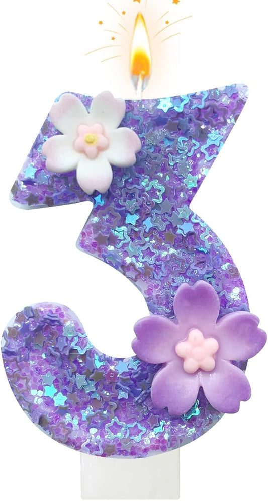 Purple Flower Birthday Candle,Number Birthday Candles for Cake, Ideal Birthday Parties Cake Decor, Wedding Anniversary and Other Celebrations (Number 3, Purple)