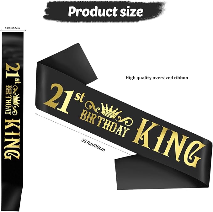 21st King Sash, Funny Black and Gold Foil Birthday Sash, Great for Men's 21st Birthday Parties, Large Size (35.4x3.74 inch)