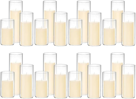 Set of 24 White Pillar Candles with Clear Glass Hurricane Holders- Elegant Cylinder Candle Vases for Weddings, Parties, Centerpieces, Home & Office Decor (Lvory White, 24 Set)