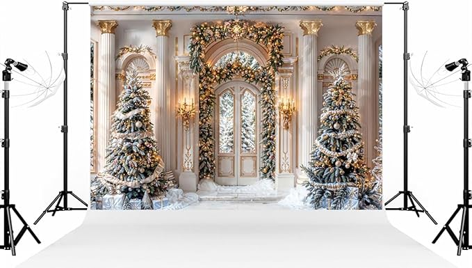 Kate 7×5ft (2.2×1.5m) Christmas Tree Photo Backdrop Classic European Palace Champagne Roman Style Xmas Wreath Deco Arch Photography Background for Christmas Photographer Studio Props