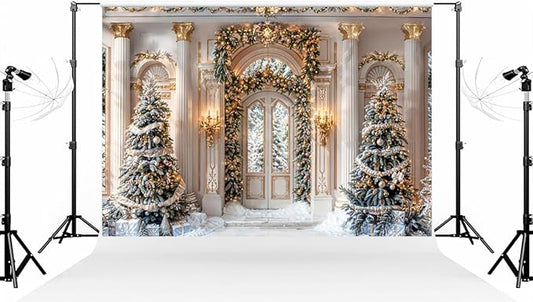Kate 7×5ft (2.2×1.5m) Christmas Tree Photo Backdrop Classic European Palace Champagne Roman Style Xmas Wreath Deco Arch Photography Background for Christmas Photographer Studio Props