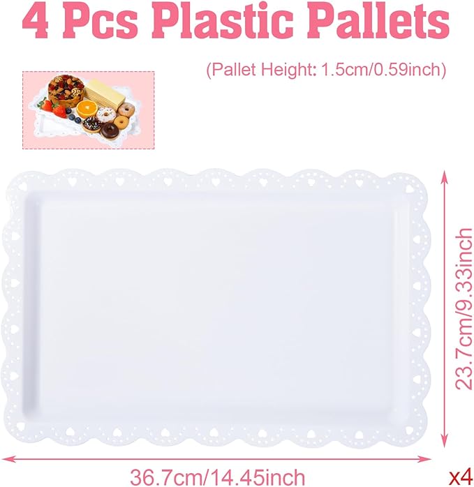 Frigg 4 Pack Serving Trays for Party with Lace Rim,Rectangle Food Trays, Reusable White Plastic Serving Platters Food Display for Birthday Party, Wedding, Restaurant, 14.45" x 9.33"