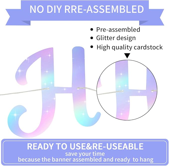 BEISHIDA Happy Birthday Banner - NO DIY,Iridescent 10Feet Pre-Strung-Glitter Birthday Sign Garland Backdrop Decorations for Women men Party