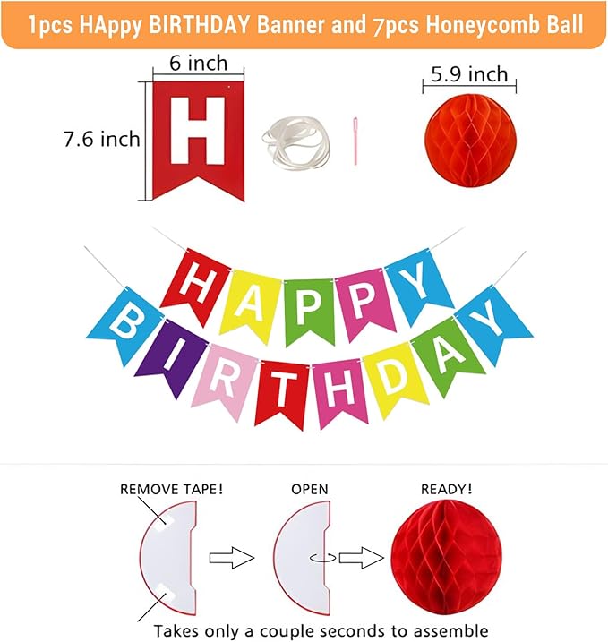Happy Birthday Decorations, 60Pcs Rainbow Happy Birthday Banner Decorations for Men Women Party Supplies