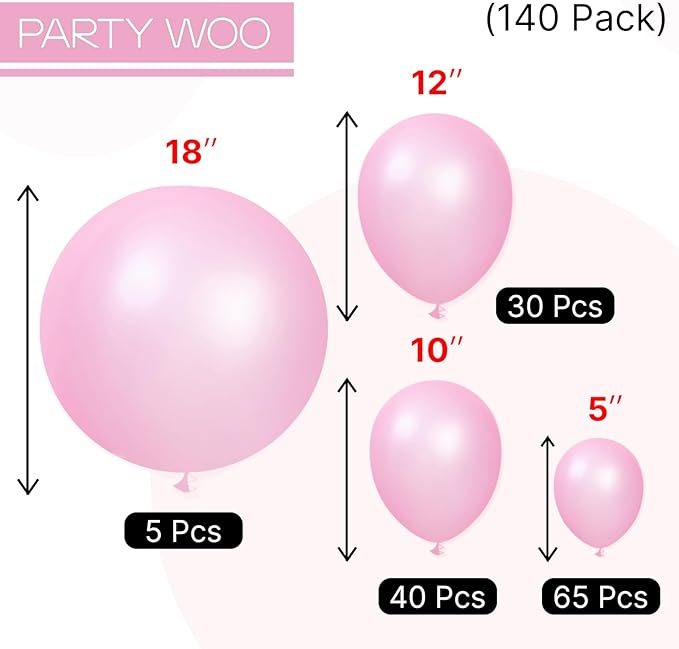 PartyWoo Pearl Pink Balloons 140pcs Different Sizes of 18 12 10 5 Inch Light Pastel Baby Pink Balloon Arch Kit Garland for Girl Baby Shower Princess Gender Reveal Birthday Party Decorations Pink-Z44