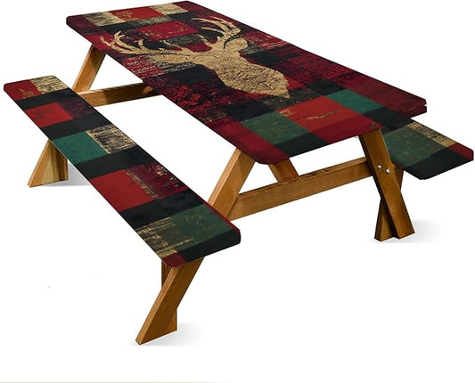 ANNA QUEEN 6FT Christmas Deer Picnic Table Cover with Bench Covers Picnic Table Cover Set 3PCS 72"x30", Waterproof Outdoor Bench and Tablecloth Furniture Protection for Camping