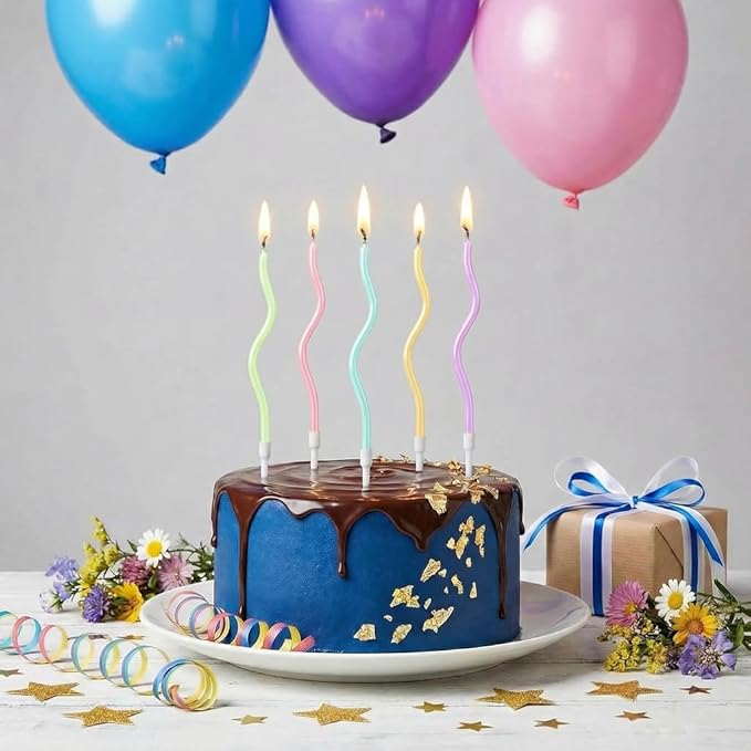 12-Count Spiral Birthday Candles, Long Twisty Party Candles with Candle Holders, Long Burning for Weddings, Birthdays, Party Decorations, Cupcakes, Anniversary and Meetups (Assorted Pastel Colours)