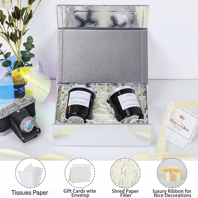 UoeRing 1 Pcs Silver Gift Box 9.5x6x3 inch Small Luxury Gift Box for Presents with Magnetic Lid Collapsible,Birthday,Christmas,Contains Card, Ribbon, Tissue Paper,Shredded Paper Fille