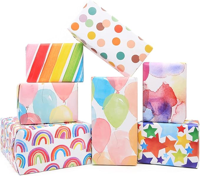 Apol Gift Wrapping Paper Birthday,Rainbow Pink Folded Gift Wrap Set 20 x 28 inches per sheet (12 sheets: 47 sq. ft. ttl.) W/String and Sticker for Bridal Baby Shower Wedding Graduation and More