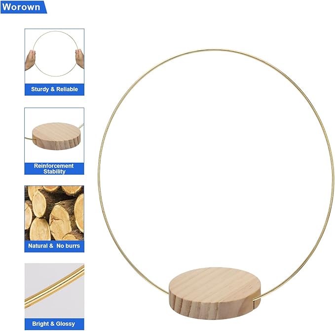 Worown 10 Pack 12 Inch Metal Floral Hoop Centerpieces, Gold Metal Floral Hoop, Including 10 Pcs Round Wooden Display Stand for Making Wedding Table Wreaths, Wall Hanging Crafts