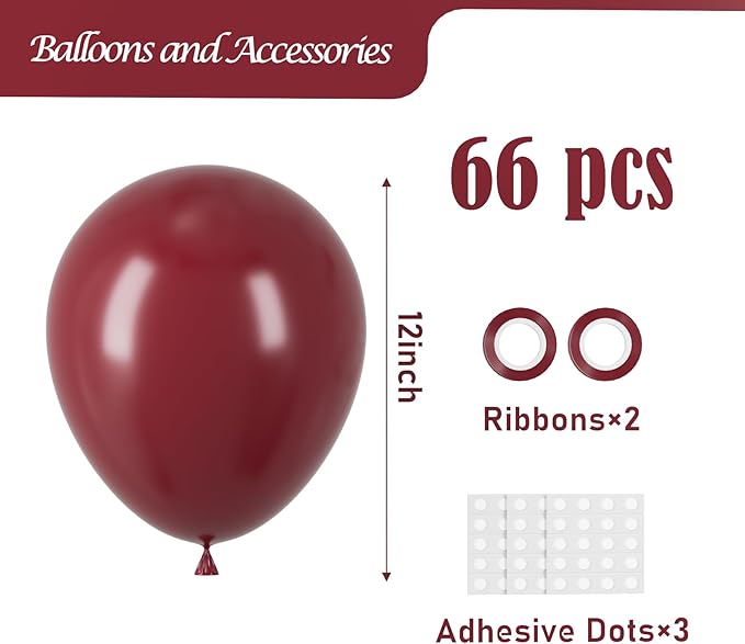 Voircoloria Burgundy Balloons, 66pack 12inch Maroon Latex Party Balloons for Graduation, Thanksgiving Day, Autumn Fall Theme Party, Wedding, Birthday, Valentines, Baby Shower Party Decorations