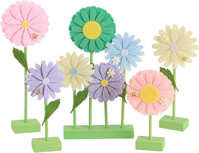 SUNBEAUTY 8PCS Daisy Party Decorations Felt Flowers Daisy Centerpieces for Tables Spring Flower Tables Decor Pastel Flower Table Decorations for Girl Birthday Baby Shower Spring Garden Home Decor
