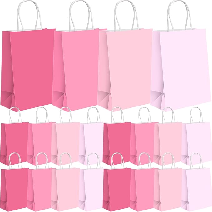 Humyoun 24 Pcs Pink Paper Gift Bags with Handles 8.3" x 5.9" x 3.1" Goodies Treat Candy Bags for Holiday Party Favor Gift Wrapping Baby Shower Wedding Birthday Party Supplies
