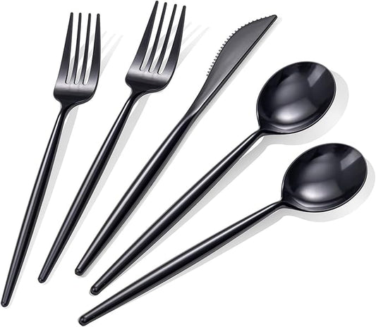 Rubtlamp 90Pcs Plastic Black Silverware, Graduation Disposable Cutlery, Utensils Heavy Duty include 30 Disposable Knives,60 plastic Forks and Spoons, Black Cutlery For Graduation Party
