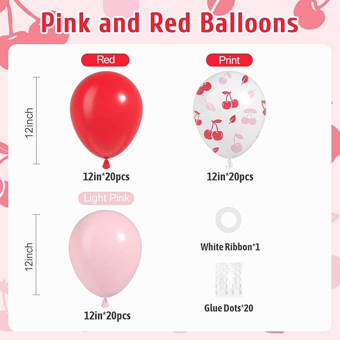 Cherry Balloons, 60pcs 12inch Pink and Red Balloons with White Print Balloon for Baby Shower Birthday Party Decorations