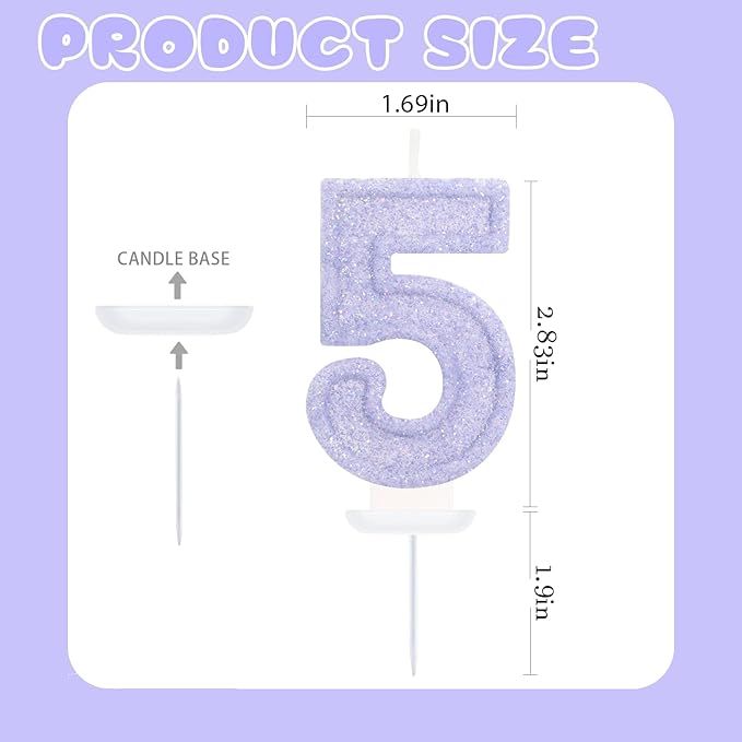 Purple Birthday Candles for Girls - Number 5 Candle Cake Topper for Purple Fairy Birthday Party Decorations