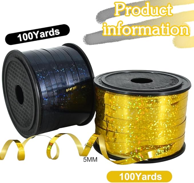 BEISHIDA 2 Pack 100 Yards Black Gold Curling Crimped Glitter Ribbon Balloon String Shiny Metallic for Gift Wrapping Ribbon 2026 Happy New Year Graduation Retirement Birthday Party Decoration