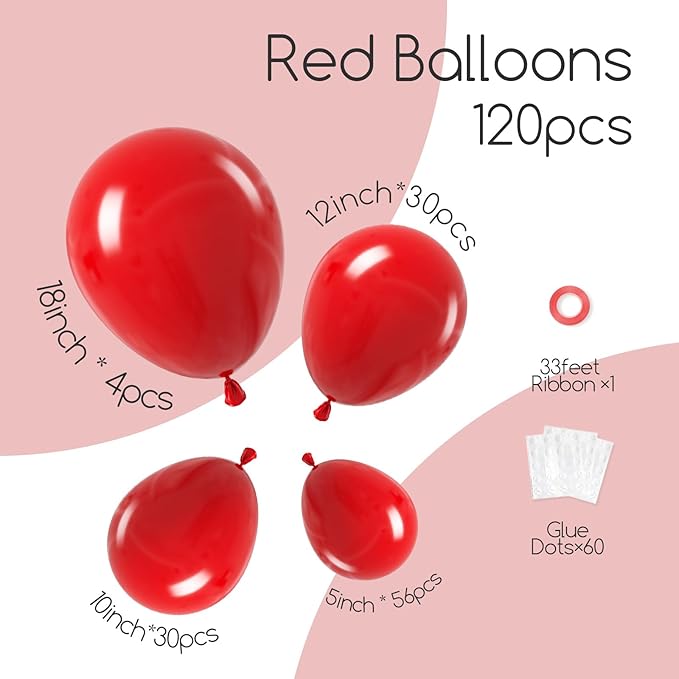 Awenztech 120pcs Red Balloon Arch Kit, 18 12 10 5 inch Red Latex Balloons Different Sizes Balloon Garland for Baby Shower Wedding Valentines Christmas Birthday Party Decorations