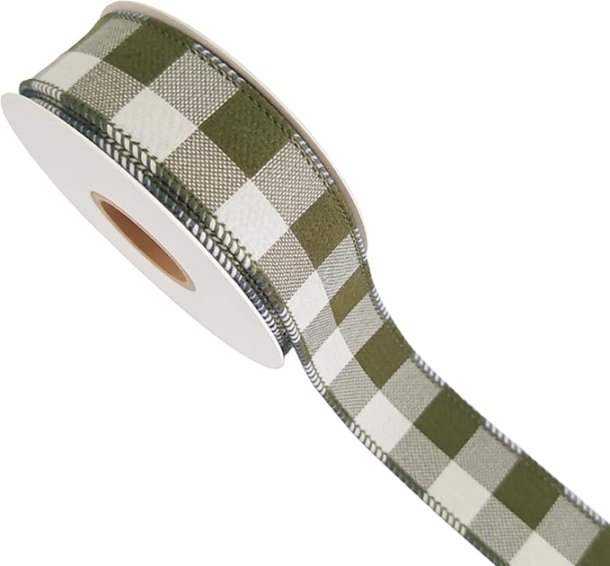 Meseey 7/8 Inch Sage Green Plaid Wired Ribbon, 10 Yards, Buffalo Check Ribbon for Christmas Decor, Gift Wrapping, Wreath Making, Crafts, Fall & Holiday Decor