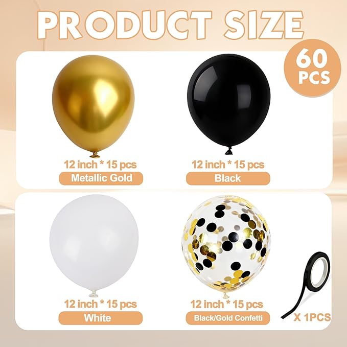 Black and Gold Balloons White Black Gold Confetti Balloon, 60 Pcs 12 Inch Latex Confetti Metallic Balloons with 1 Ribbon, for Birthday Wedding Bridal Shower Party Decorations
