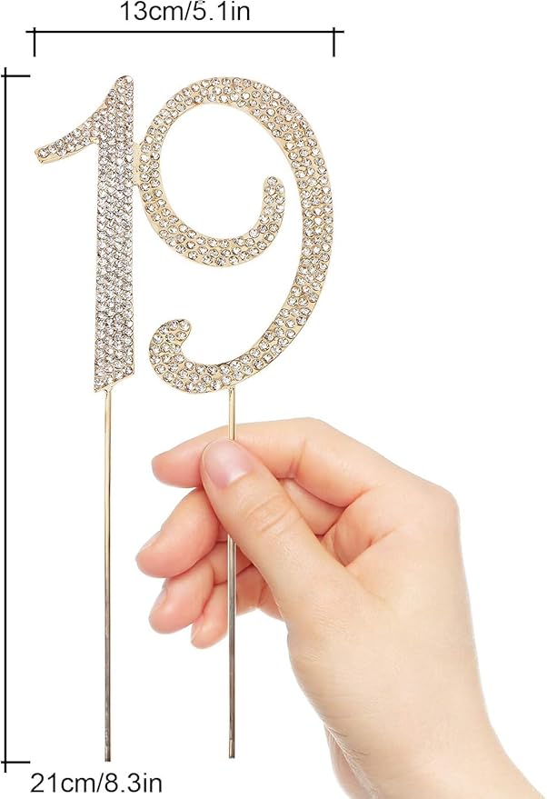 Bling Crystal Rhinestone 19 Birthday Cake Topper - Best Keepsake | 19th Party Decorations Gold