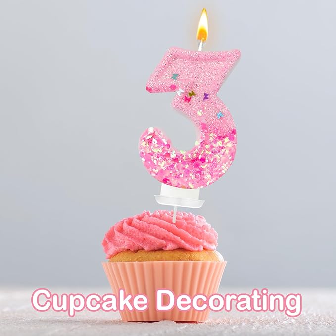 Pink Sequin Birthday Candles, Cake Number Candles, Girls 0th Birthday Decorations, Suitable for Birthday Parties, Anniversary Party Decorations(3)