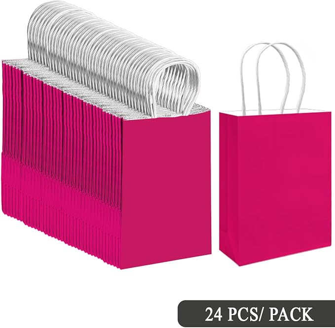 qiqee 24PCS Small Gift Bag with Handles Bulk 8.3"x6"x3" Gift Bags Rose Pink Bags Multiple Uses (Small Size)