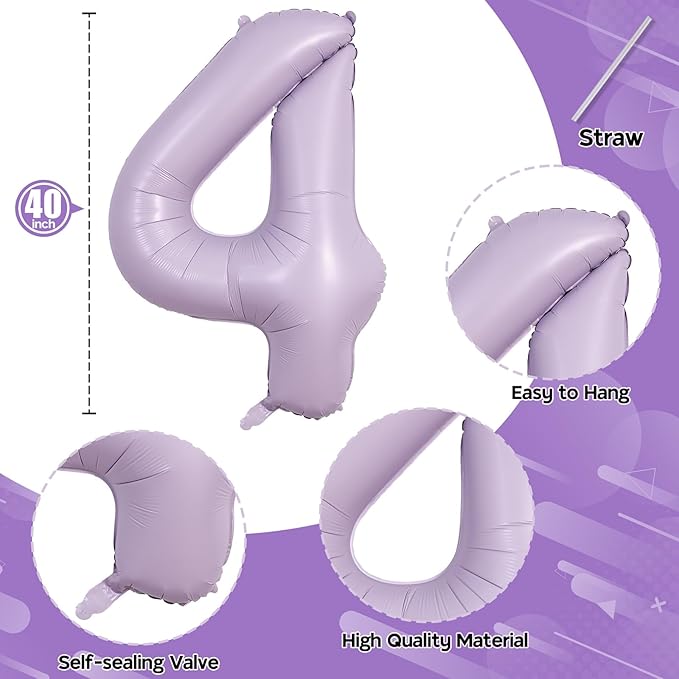 Light Purple Number 4 Balloons, 40 In Large Pastel Purple Number 4 Mylar Foil Helium Balloons for Girls, Self Inflating Lavender Number Four Balloon for Women 4th Birthday Anniversary Party Decoration