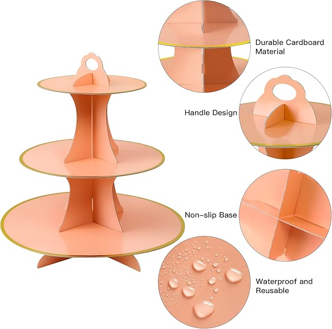 Soleebee 3-Tier Round Cupcake Stand, Cardboard Cupcake Tower, Dessert Cup Cake Stand Tower for Birthday Wedding Party Decoration, Cupcake Tier Stand 2 Set (Pink Gold)