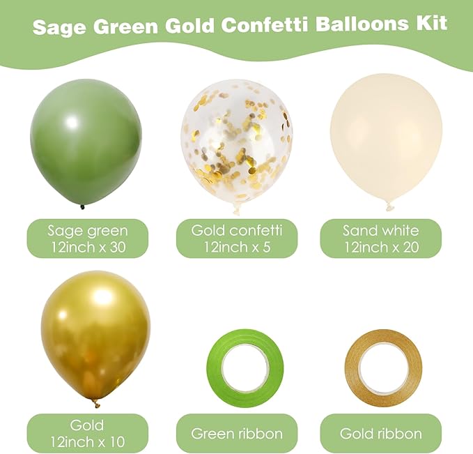 RUBFAC Sage Green Balloons, 65 Pcs Party Balloons Green Gold Sand White 12 Inches for Tiana Birthday, Wedding, Baby Shower, Eucalyptus Party Decorations