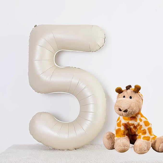 40 Inch Beige Number 5 Balloons for 5th Birthday Decorations Boys Girl, Giant Self-Sealing Cream Foil Number 0-10 White Sand Balloon for Women Men Party Anniversary Baby Shower Supplies