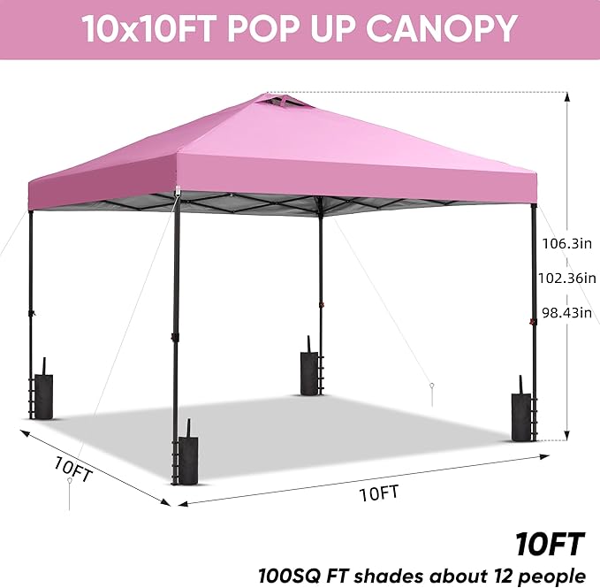 GDY 10x10 Pop Up Canopy Patio Carpas, One Push Set up with Central Lock Canopy with Hand Carry Bag, Included 4 Sandbaogs,8 Stakes and 4 Ropes, Pink