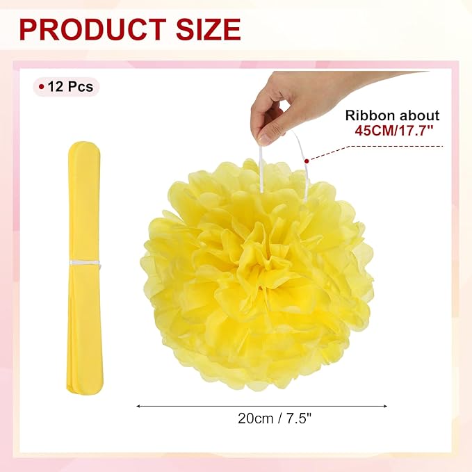 PATIKIL 8inch Tissue Paper Pom Poms, 12PCS Pom Poms Paper Flowers Ball Tissue Paper Flowers for Wedding Bridal Shower Birthday Bachelorette Party Backdrop Decoration, Light Yellow