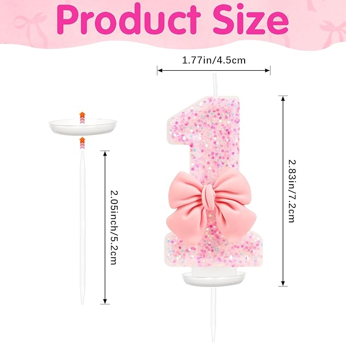 Pink Bow Number 1 Birthday Candle, Glittering Candles 1st Birthday Cake Topper, Princess Themed Party Decor for Girls and Women Anniversary Party Supplies