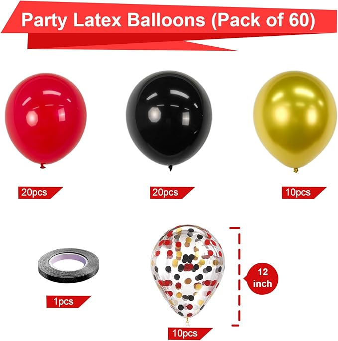 Bezente Red Black and Gold Latex Balloons,60pcs 12 inch Red Black Gold Metallic Chrome Confetti Balloons for Birthday New Year Casino Theme Party Decoration Christmas Wedding Graduation