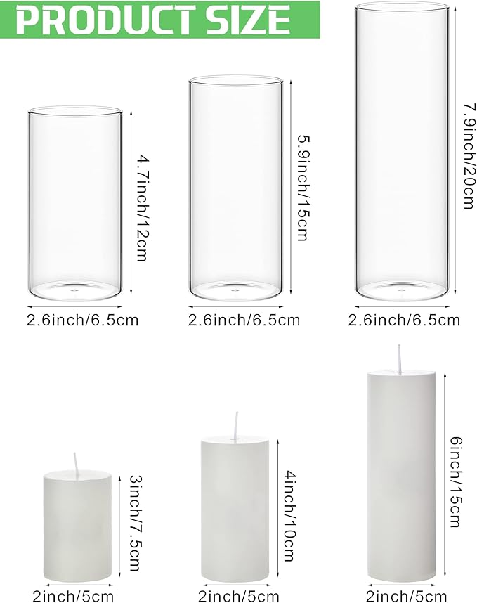 Shihanee Set of 12 Pillar Candles and Glass Cylinder Vases Clear Cylinder CandleHolders for Slim Pillar Candles Wedding Centerpieces(2.6'' X 4.7'', 5.9'', 7.9'',White)