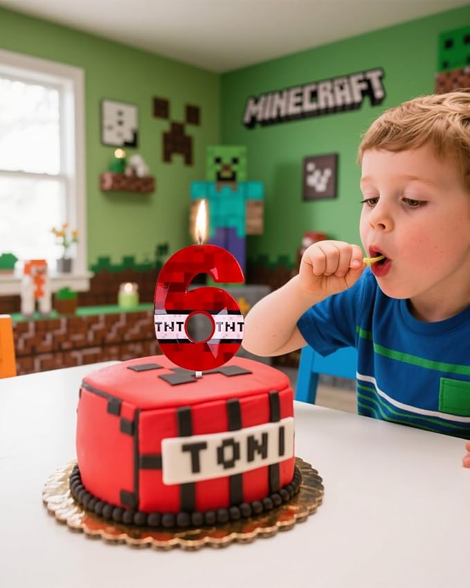 Number 6 Red Pixel Birthday Candle, TNT Themed Birthday Candles for Cake, 2.71 Inch Green Miner Number Candles, Game Themed Candle Birthday Decoration, Red Birthday Cake Topper for Boys Girls Party