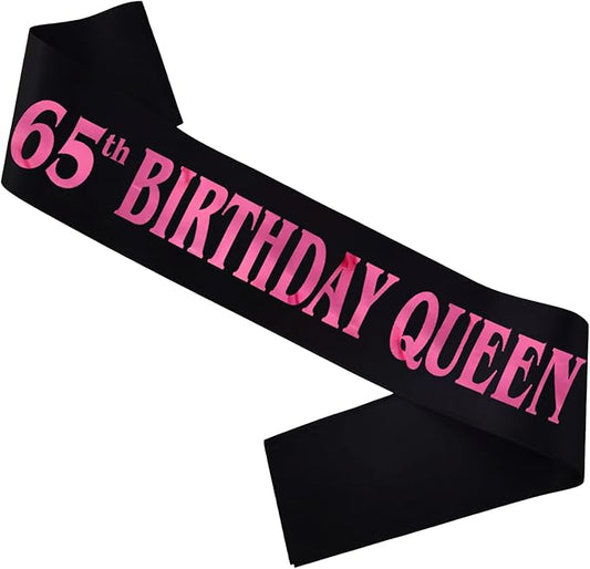 65th Birthday Queen Sash, Pink Foil Black Satin Birthday Sash for Women 65th Fabulous Birthday Party Gift Decorations Favors