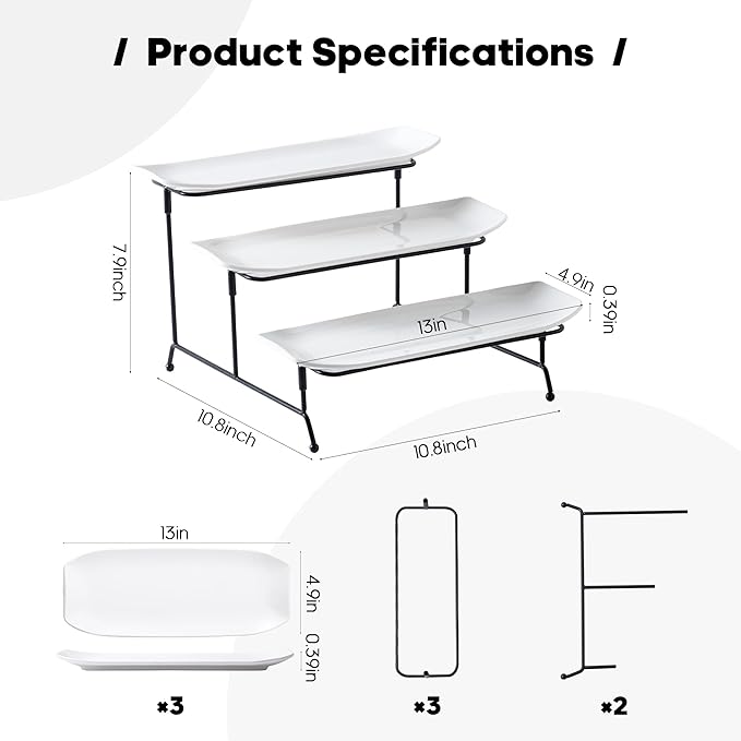 Unbreakable 3 Tier Serving Tray for Party, 13" x 4.9" Melamine Platters for Serving Food, White Tiered Serving Trays Platters with Black Metal Display Stand for Veggie, Fruit, Dessert, Cookies