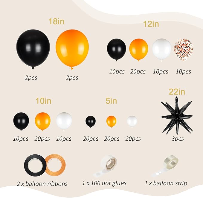 161pcs Black White Orange Balloons Arch Kit,Black Orange With 3pcs Starburst Foil Balloons for Birthday Graduation Halloween Thanksgiving Day Party Decorations