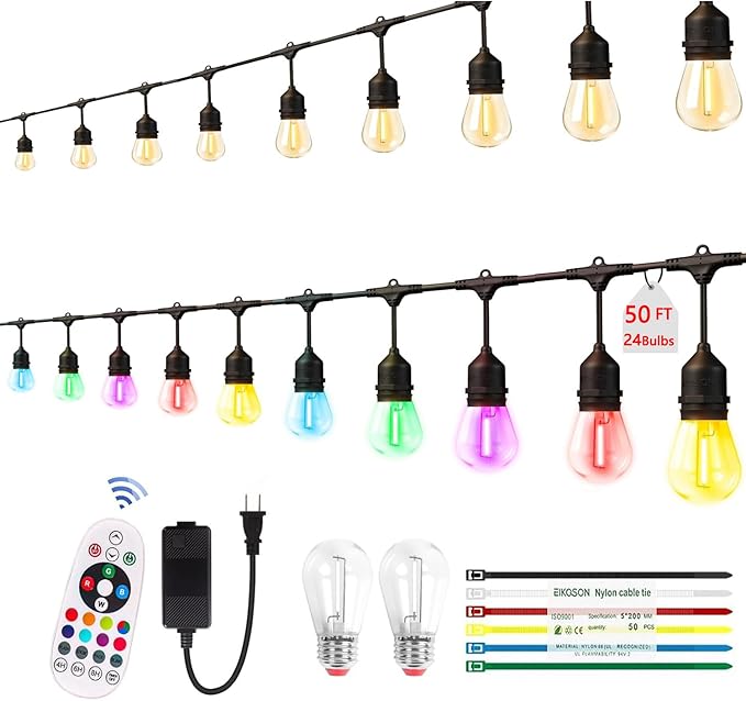 50FT Outdoor String Lights, Outdoor Lights for Patio,with 24+2 LED RGBW Color Change,3000K Bright White Waterproof Bulbs, Dimmer & Remote, Customized 12 Colors & 4 Modes, for Backyard Decor