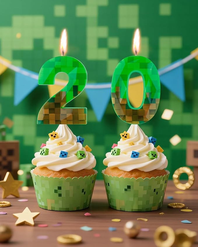 Pixel Birthday Candle, 2.68 Inch Miner Number Candles, Game Themed Candle Birthday Decoration for Pixel Theme Birthday Anniversary Dynamite Video Game Party (Green, 20)