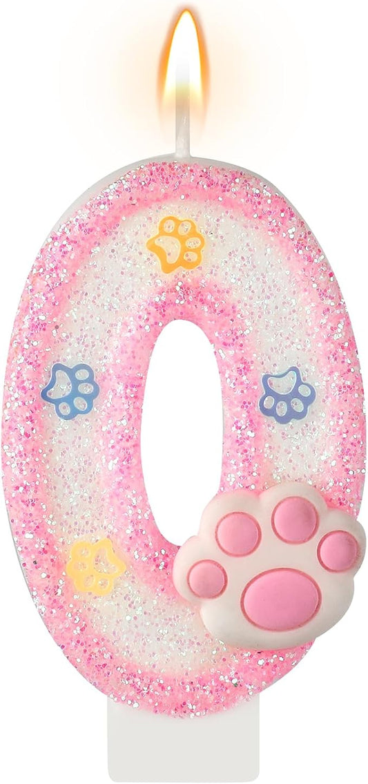 AKURIEEY Dog and Cat Birthday Candle Pink Numbers 0 Candle Paw Cake Topper Cupcake Decorations for Pet Theme Party Decor Anniversary Celebrations Supplies
