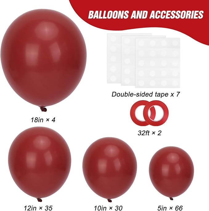 RUBFAC 135pcs Ruby Red Balloons, Cherry Dark Red Burgundy Latex Balloon Different Sizes 18 12 10 5 Inch for Garland Arch Birthday Wedding Party Decoration