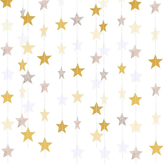 Patelai 130 Feet Glitter Star Garland Banner 2026 Party Decoration Double Side Star Hanging String Streamer Paper Twinkle for Graduation Wedding Birthday (Glitter Gold and Champagne Gold,White)