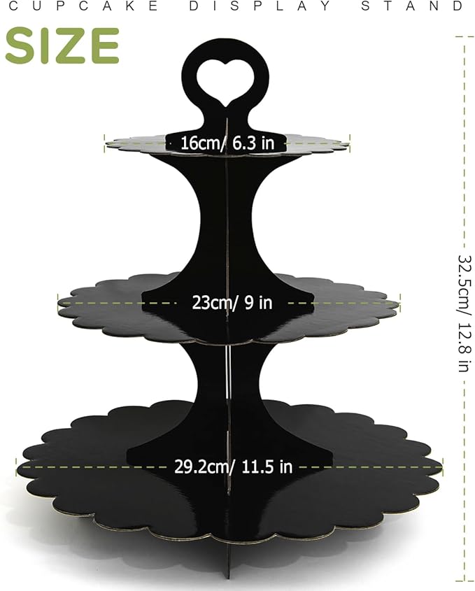 Black Cupcake Stand, 3-Tier Cardboard Dessert Display Tower, Perfect Size for Small Parties Birthday Wedding Baby Shower, Easy Assembly (1-Pack) ﻿