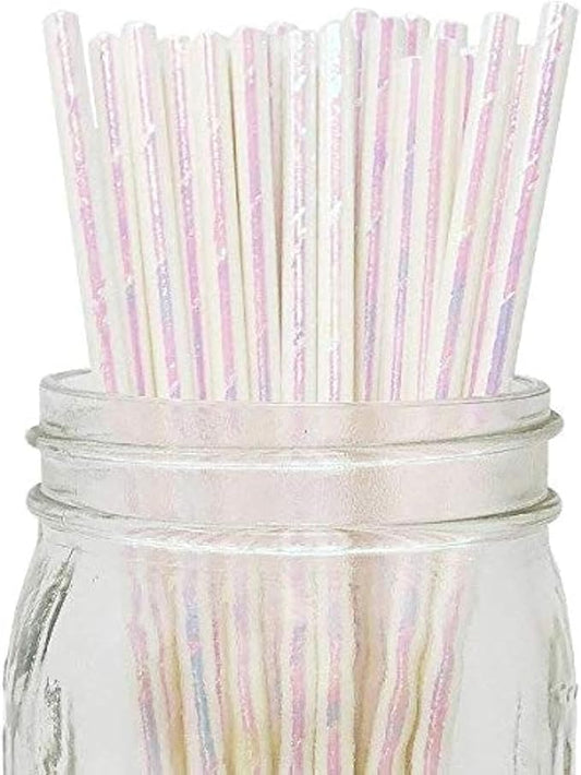 N//C Iridescent White Papers Straws, 7.75'' Cocktail Drinking Straws For Party Pack Of 100
