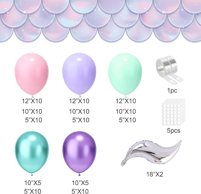 Mermaid Balloon Arch Kit, 122pcs Pink Purple Teal Mermaid Balloons with Silver Tail Foil Balloon 16ft Tape Strip & Dot Glue for Birthday Mermaid Party Decorations