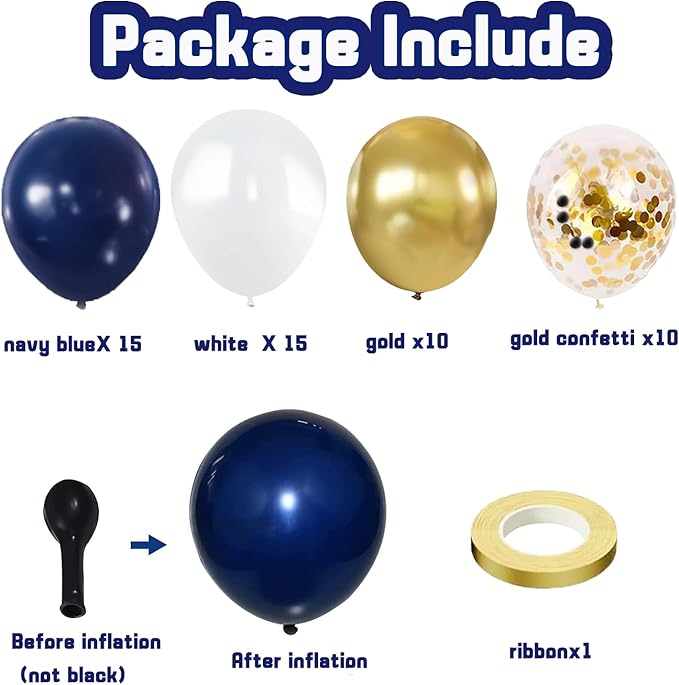 Zesliwy Navy Blue Gold Confetti Balloons Set,50pcs 12inch Royal Dark Blue Metallic Gold White Latex Balloons with Ribbon for Birthday Wedding Graduation 2026 Bridal Shower Party Decorations